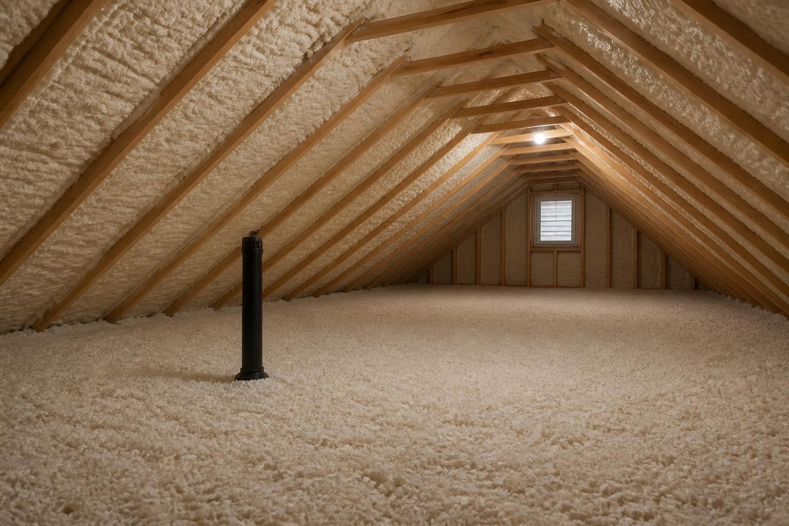 Neatly insulated attic with even coverage and natural light.
