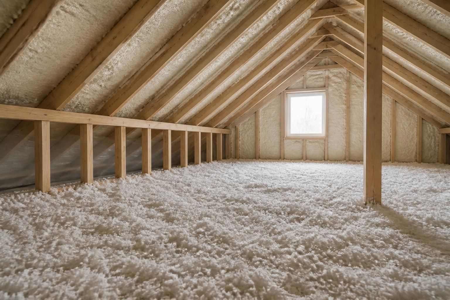 Wide view of a clean, newly insulated attic with natural light.