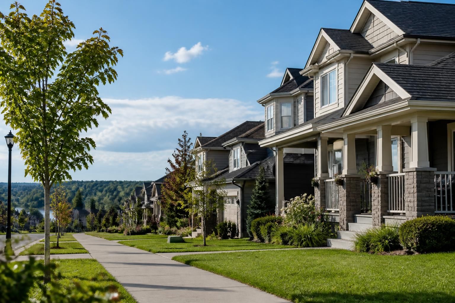 Fort Saskatchewan residential street with tidy homes and open sky.