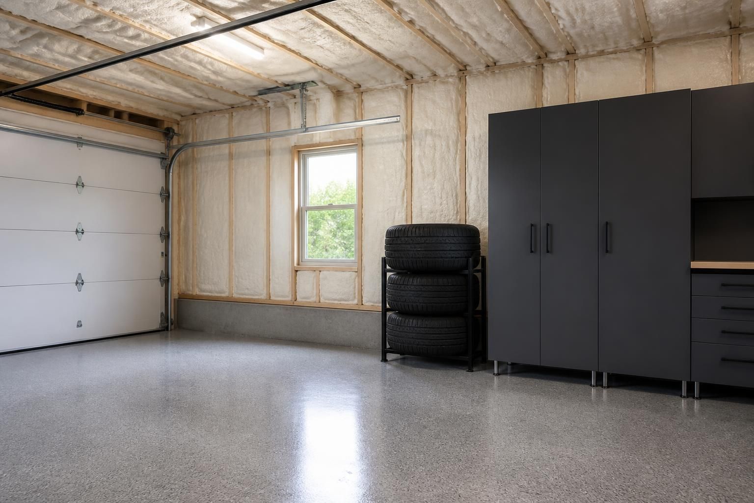 Finished garage interior with insulated walls and ceiling.