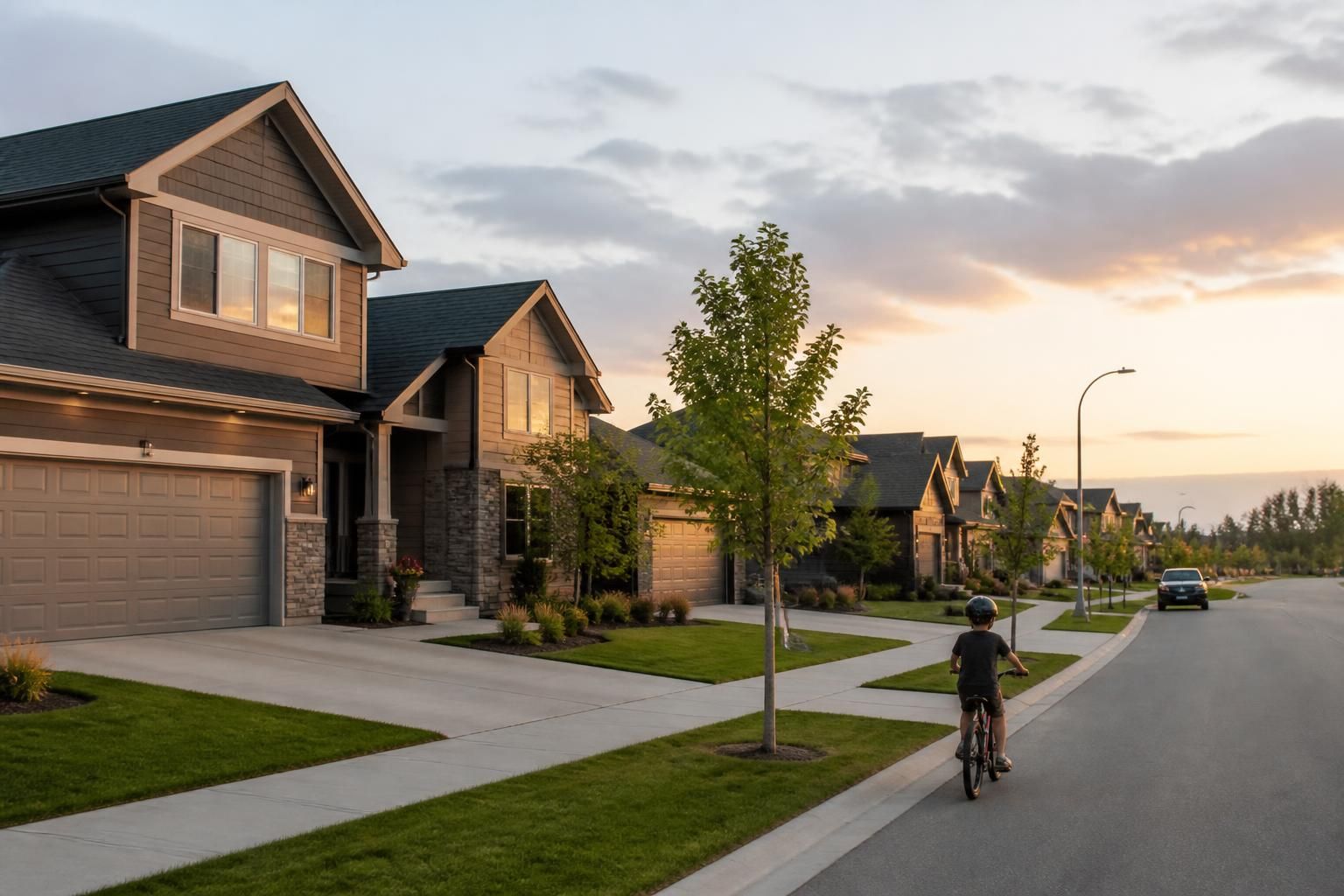 Leduc suburban homes with clean driveways and soft light.