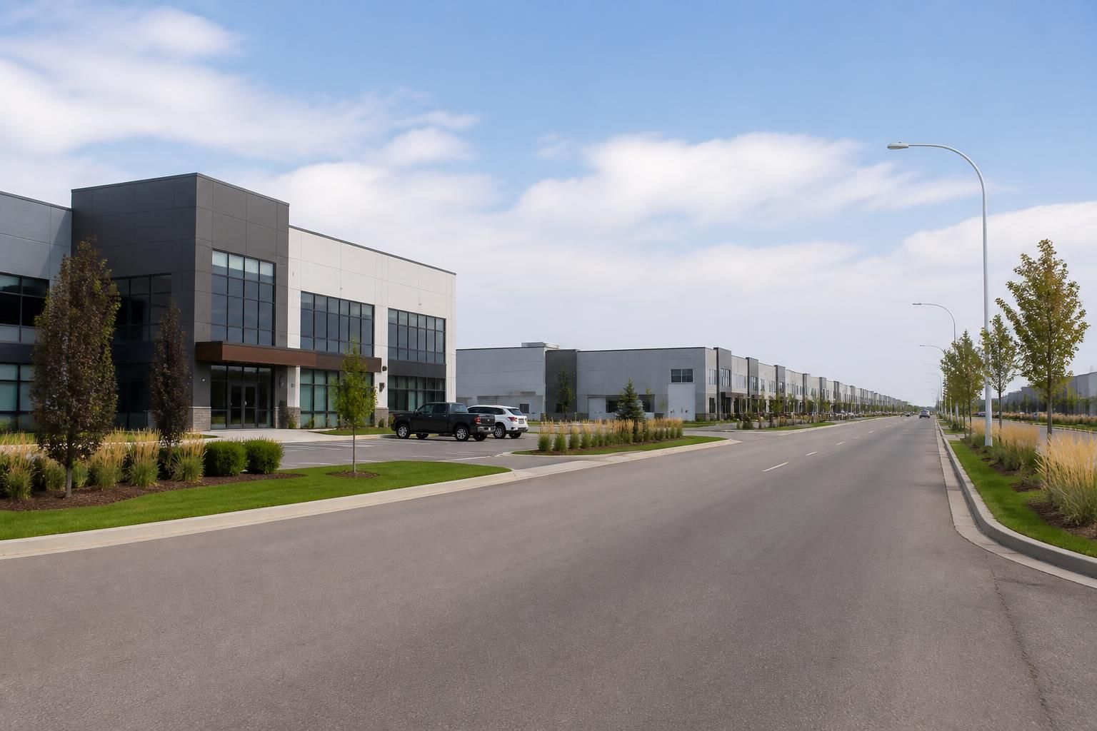 Nisku commercial district with modern buildings and organized roadways.