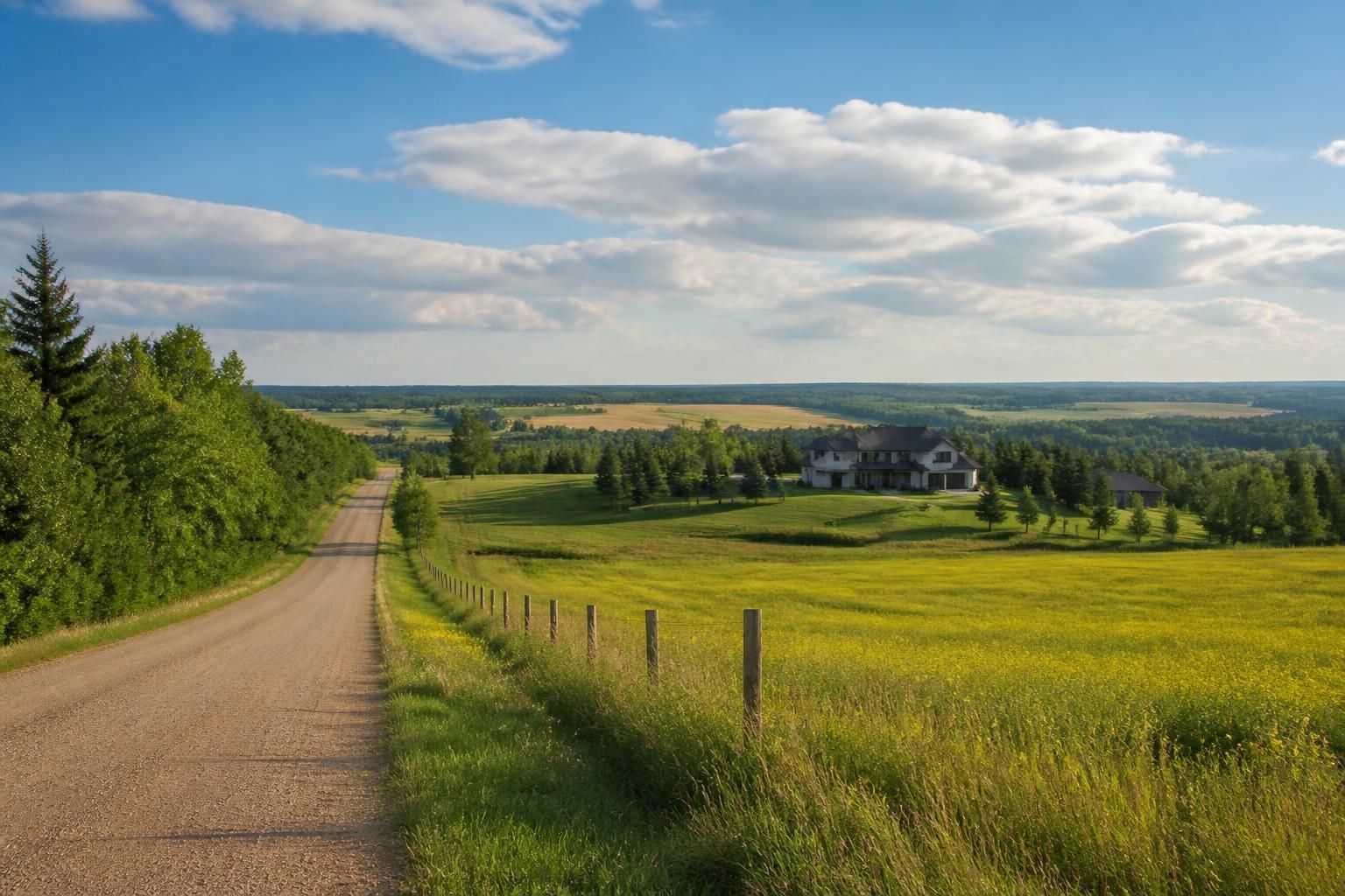Parkland County rural homes with open fields and soft light.