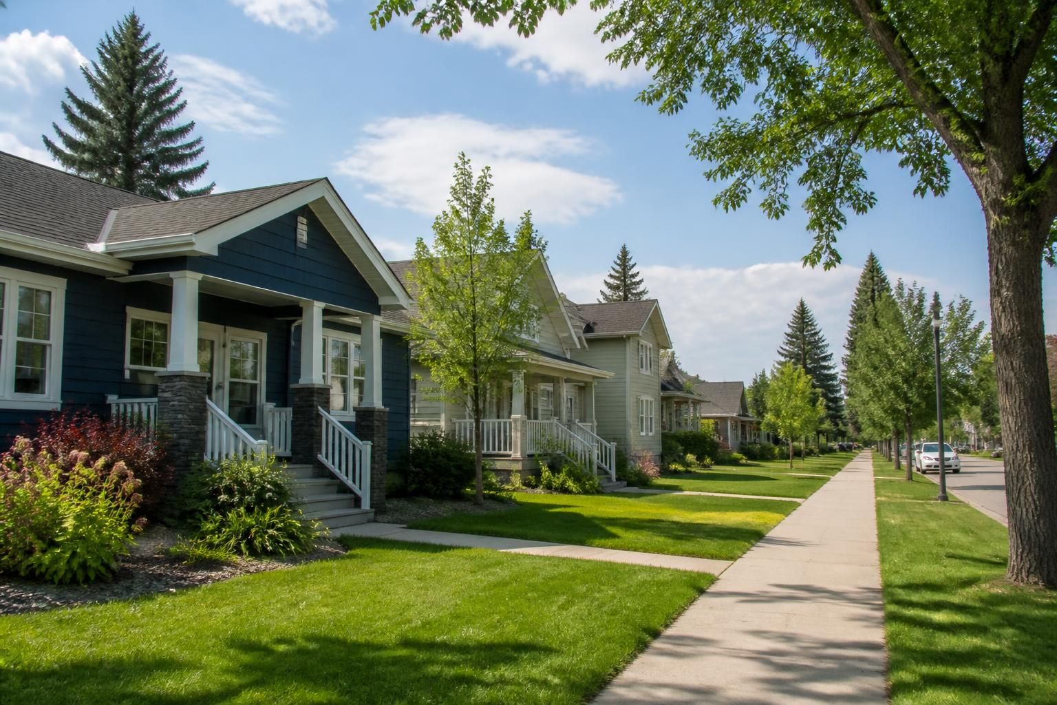 Stony Plain neighborhood with neat yards and calm streets.